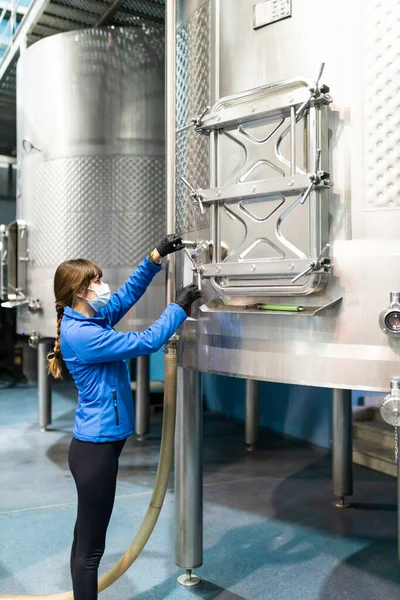 Young Woman Technician Checking Purity Wine Samples Laboratory Wine Cellar — Stock Photo, Image