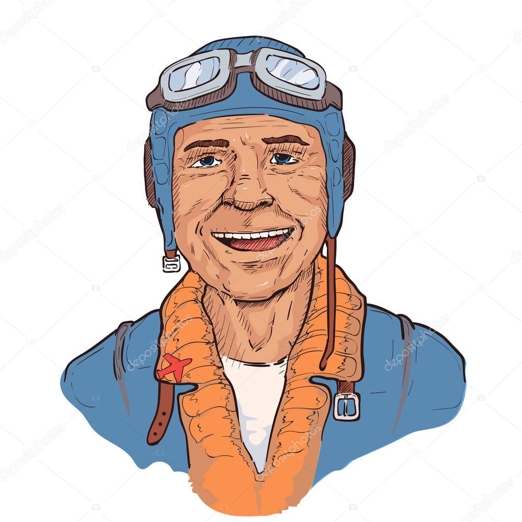 Portrait of a pilot in a helmet. Isolated. Vector illustration