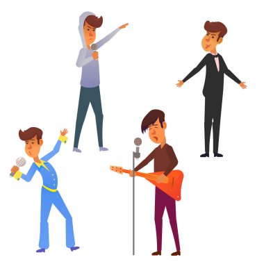 Şarkıcılar mikrofonlar ve beyaz arka plan üzerinde izole müzisyenler topluluğu. Şarkılar ve gitar çalmak genç erkekler kümesi. Erkek çizgi film karakterleri. Vektör çizim.