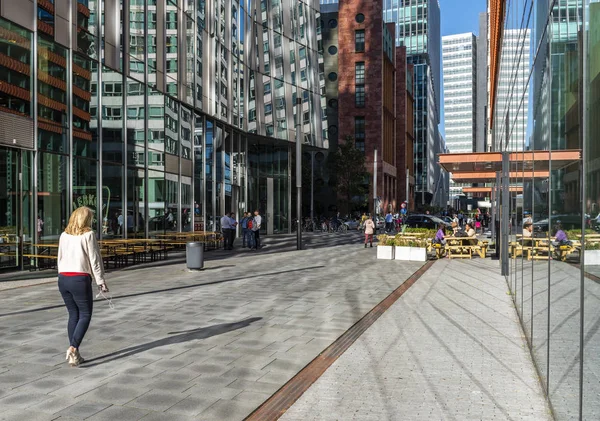 Amsterdam, Hollanda - 20 Haziran 2018: Smartphone üzerinde uzun boylu ofis binaları ile Amsterdam Zuidas, Hollanda, kadınla.