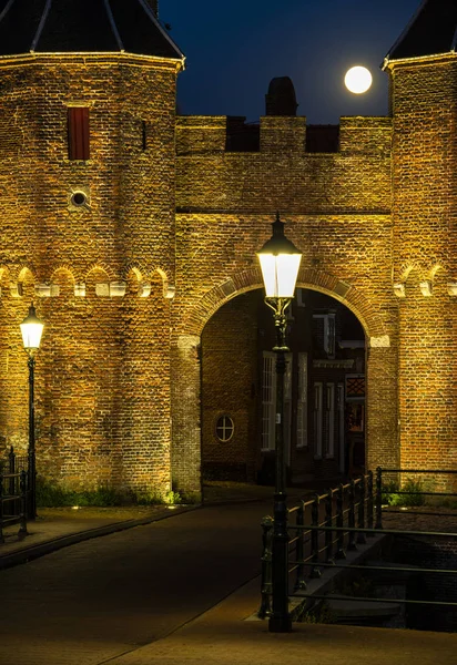 Koppelpoort Puerta Por Noche Con Dos Postes Luz Luna Llena — Foto de Stock