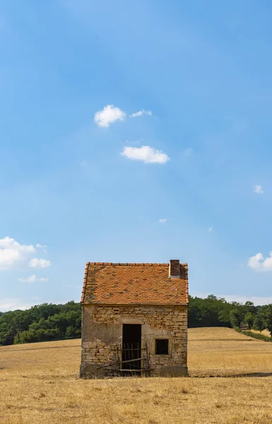 Lonely, old shed on a corn field in summer in the Morvan, France.