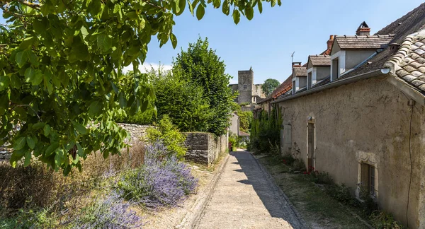 Street Chapelle Sous Brancion Med Gamla Hus Slottstornet Och Lavendel — Stockfoto