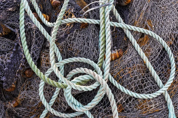 Black Fishing Net Shore Pile Blue Rope Harbor Denmark — Stock Photo, Image