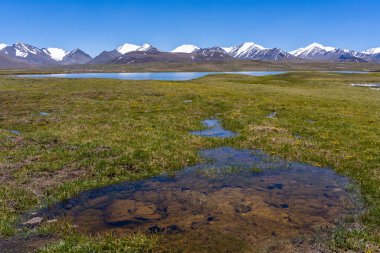 Kirgistan 'daki dağlarda gölleri ve karları olan dağlar.