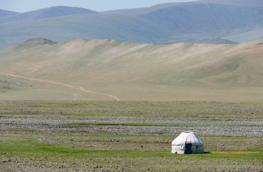 Moğolistan bozkırında bir vadide yurt. Tepede keçi ve koyun sürüsü var..