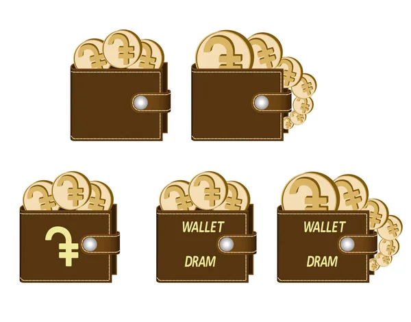Set bruin portemonnee met dram munten — Stockvector