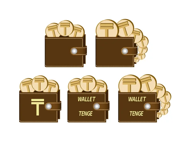 Set bruin portemonnee met tenge munten — Stockvector