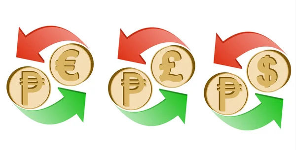 Cambio de peso por euro, libra esterlina y dólar — Vector de stock