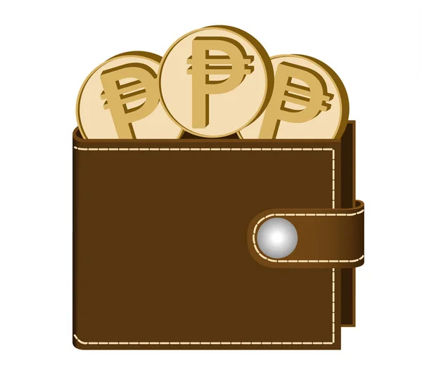 Billetera marrón con monedas de peso — Vector de stock
