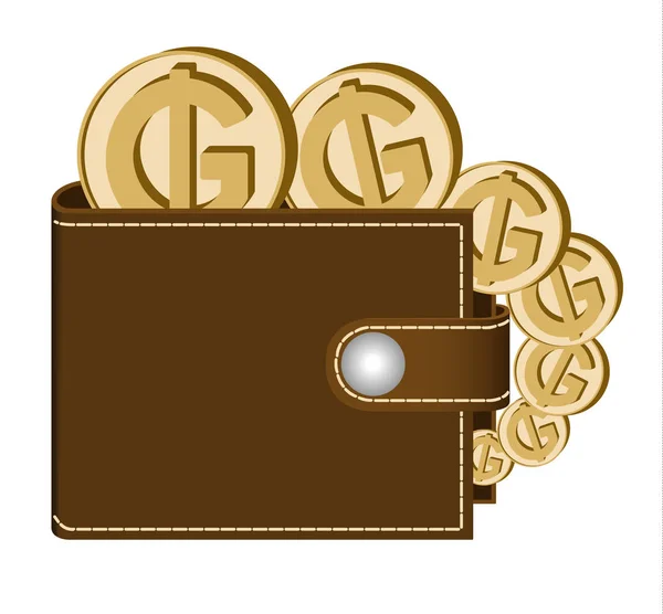 Bruin portemonnee met guarani munten — Stockvector