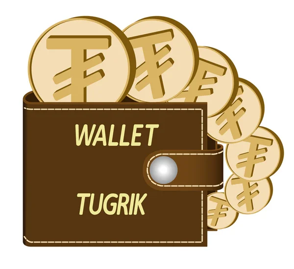 Portefeuille brun avec des pièces de monnaie tugrik — Image vectorielle