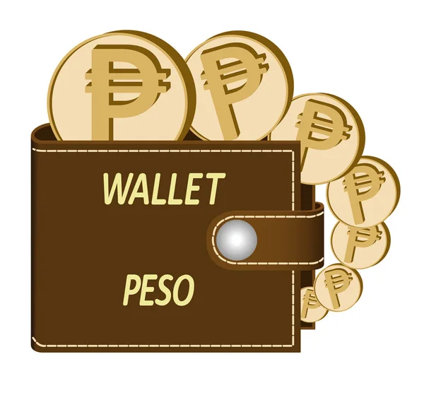 Brown  wallet with peso coin — Stock Vector