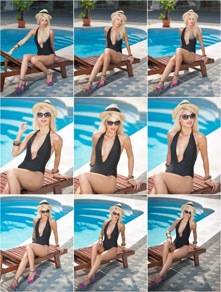 Hermosa Rubia Sensual Con Gafas Sol Moda Relajante Piscina Con — Foto de Stock