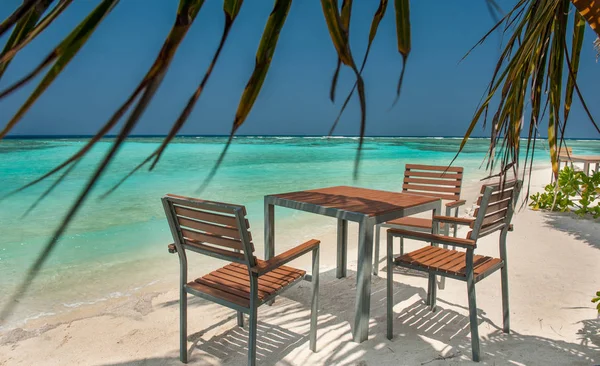 在马尔代夫的一个热带岛屿上的海洋海滩上的桌子和椅子 热带岛屿棕榈树荫下的桌椅 — 图库照片