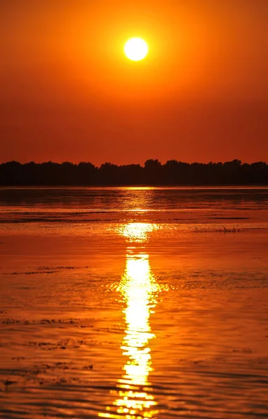 sunset in the Danube delta Romania.Beautiful blueish lights in water.Beautiful sunset landscape from the Danube Delta Biosphere Reserve in Romania