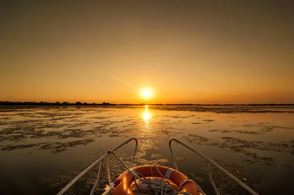 Apus Soare Delta Dunării Romania Frumoase Lumini Albastre Apă Frumos — Fotografie, imagine de stoc