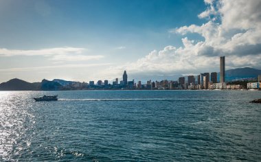 Benidorm, Spain.Benidorm Alicante playa de Poniente plaj Spain.Skyscrapers sunset beach Benidorm'da, Akdeniz Spain.Skyline şehir Benidorm, İspanya yakınındaki panoramik manzaralı