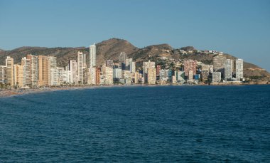 Benidorm, Spain.Benidorm Alicante playa de Poniente plaj Spain.Skyscrapers sunset beach Benidorm'da, Akdeniz Spain.Skyline şehir Benidorm, İspanya yakınındaki panoramik manzaralı