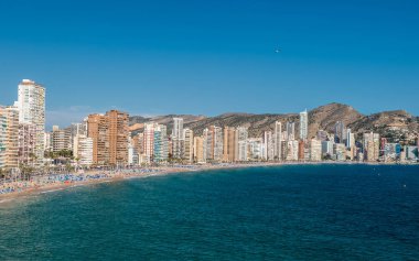 Benidorm, Spain.Benidorm Alicante playa de Poniente plaj Spain.Skyscrapers sunset beach Benidorm'da, Akdeniz Spain.Skyline şehir Benidorm, İspanya yakınındaki panoramik manzaralı