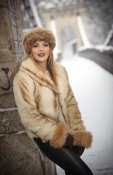 Привлекательная Женщина Коричневой Меховой Шапочке Куртке Наслаждается Зимой Вид Сбоку — стоковое фото