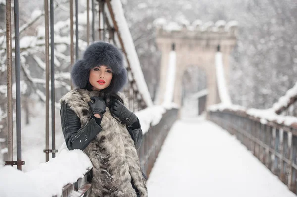 Mulher Atraente Com Chapéu Pele Preta Colete Cinza Desfrutando Inverno — Fotografia de Stock