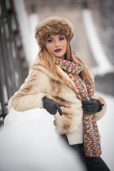 Kahverengi Kürk kap ve ceket kış zevk çekici kadın. Kar kaplı köprü karşı poz moda sarışın kız yan görünüm. Güzel genç kadın, soğuk hava kıyafeti