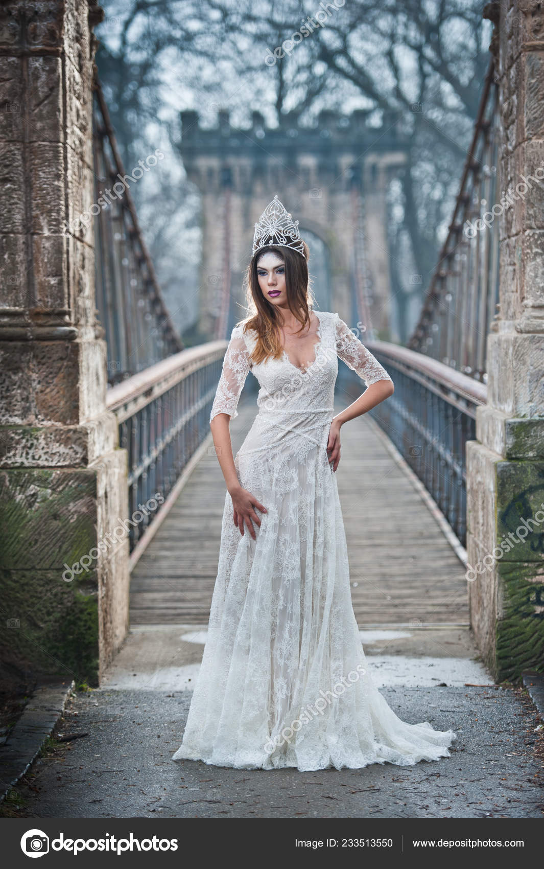 Lovely Young Lady Wearing Elegant White Dress Enjoying Beams