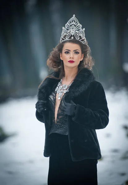 Wunderschöne Märchenhafte Winterkönigin Wald Mit Funkelndem Diadem Und Elegantem Schwarzen — Stockfoto