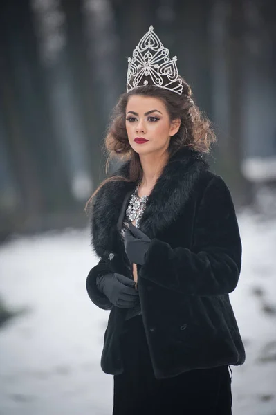 Hermosa Reina Invierno Cuento Hadas Bosque Con Tiara Brillante Elegante —  Fotos de Stock