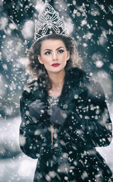 Hermosa Reina Invierno Cuento Hadas Bosque Con Tiara Brillante Elegante —  Fotos de Stock