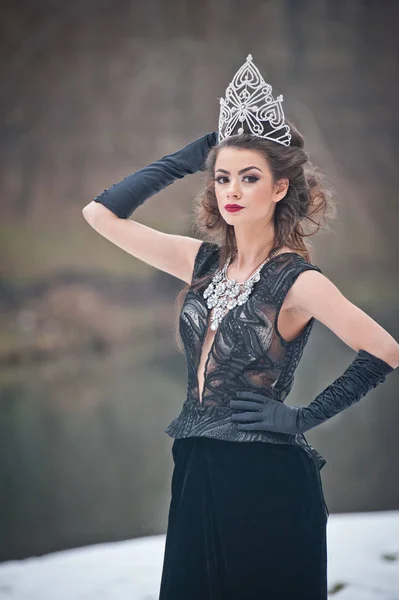 Hermosa Reina Invierno Cuento Hadas Bosque Con Tiara Brillante Elegante —  Fotos de Stock