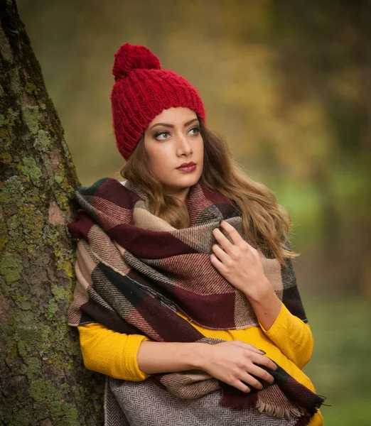一个美丽的年轻的高加索妇女与红色的帽子和围巾和黄色的套头衫在秋天的公园 红色绿色黄色三的快乐肖像时尚 季节和人的概念 秋季生活方式 — 图库照片