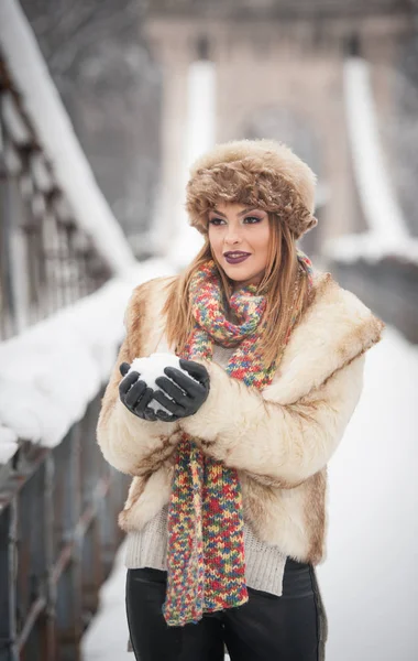 迷人的女人棕色毛皮帽和夹克享受冬天 侧视图时尚金发碧眼的女孩摆姿势对雪覆盖的桥梁 美丽的年轻女性与寒冷的天气装备 — 图库照片