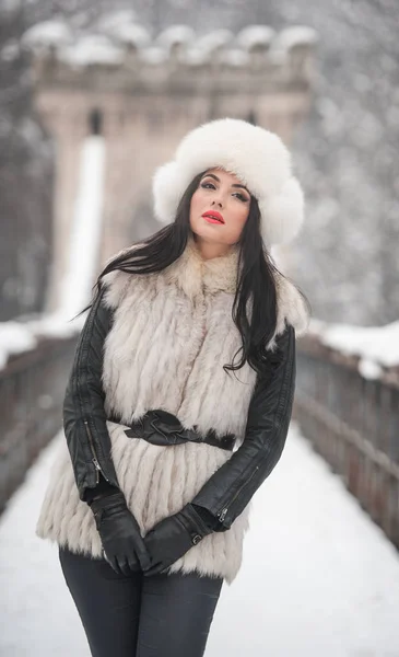 Mulher Com Boné Pele Branca Colete Apreciando Paisagem Inverno Perto — Fotografia de Stock