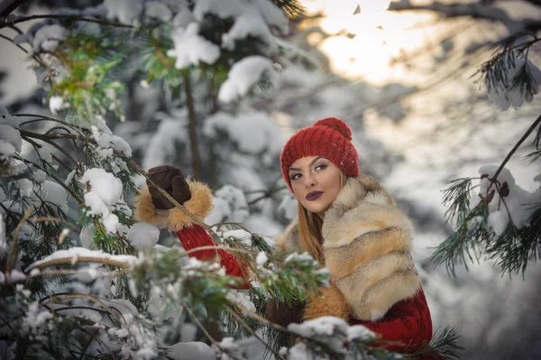 Vacker Kvinna Rött Med Brun Päls Cape Njuta Vintern Naturen — Stockfoto