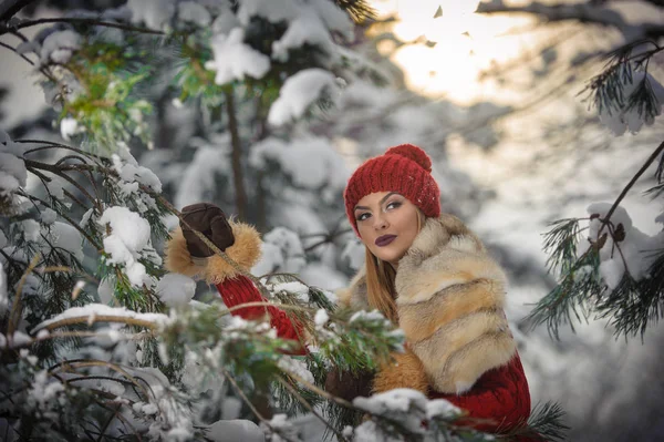 红棕色的皮毛披肩享受森林的冬季景色美丽的女人 白雪覆盖的树木树枝下构成的金发女孩 年轻女性与周围雪花在明亮寒冷的日子 — 图库照片