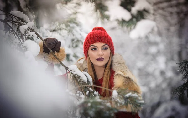 Schöne Frau Rot Mit Braunem Pelzumhang Die Die Winterlandschaft Wald — Stockfoto