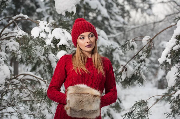 红棕色的皮毛披肩享受森林的冬季景色美丽的女人 白雪覆盖的树木树枝下构成的金发女孩 年轻女性与周围雪花在明亮寒冷的日子 — 图库照片