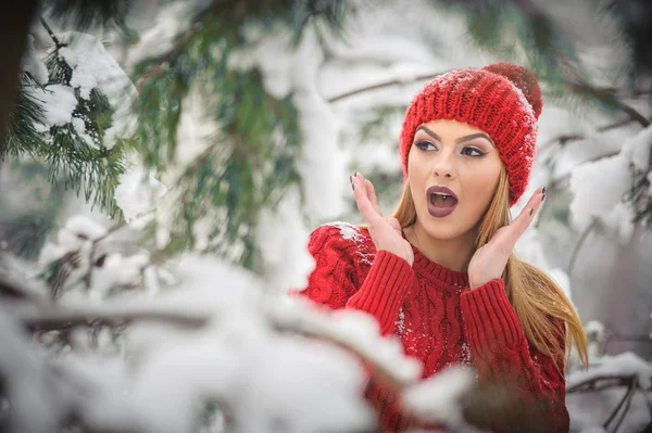 Bella Donna Rosso Con Mantello Pelliccia Marrone Godendo Paesaggio Invernale — Foto Stock