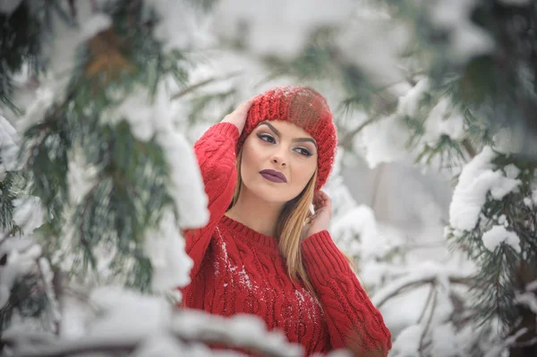 森の冬景色を楽しんでいる茶色の毛皮のケープ付き赤で美しい女性 雪に覆われた木の枝の下でポーズ ブロンドの女の子 明るい寒い日 化粧で周りの雪片と若い女性 — ストック写真