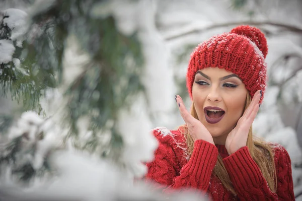 Bella Donna Rosso Con Mantello Pelliccia Marrone Godendo Paesaggio Invernale — Foto Stock