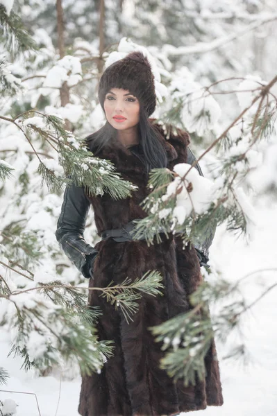 Mulher Bonita Casaco Pele Preta Longa Boné Desfrutando Paisagem Inverno — Fotografia de Stock