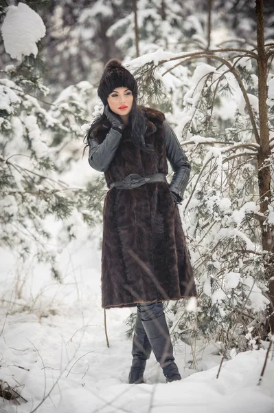 Krásná Žena Dlouhých Černých Kožich Čepici Zimní Krajiny Lese Brunette — Stock fotografie