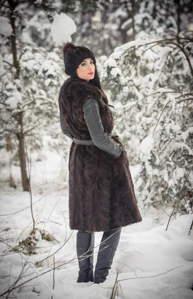 Bella Donna Pelliccia Nera Lunga Cappello Godendo Paesaggio Invernale Nella — Foto Stock