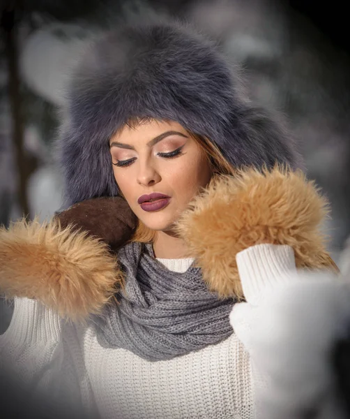 Atrakcyjna Kobieta Czapka Brązowy Futro Kurtkę Ciesząc Się Zimie Widok — Zdjęcie stockowe