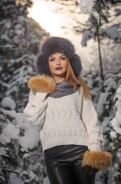 Atraktivní Žena Hnědou Kožešinovou Čapku Sako Těší Zimu Boční Pohled — Stock fotografie