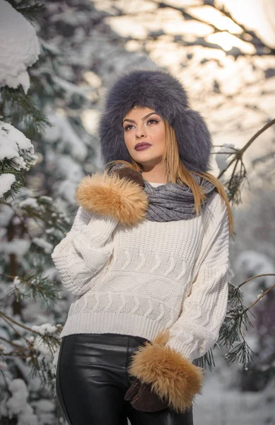 迷人的女人棕色毛皮帽和夹克享受冬天 侧视图时尚金发碧眼的女孩摆姿势对雪覆盖的桥梁 美丽的年轻女性与寒冷的天气装备 — 图库照片