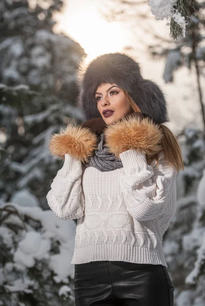 Mulher Atraente Com Chapéu Pele Marrom Casaco Desfrutando Inverno Vista — Fotografia de Stock