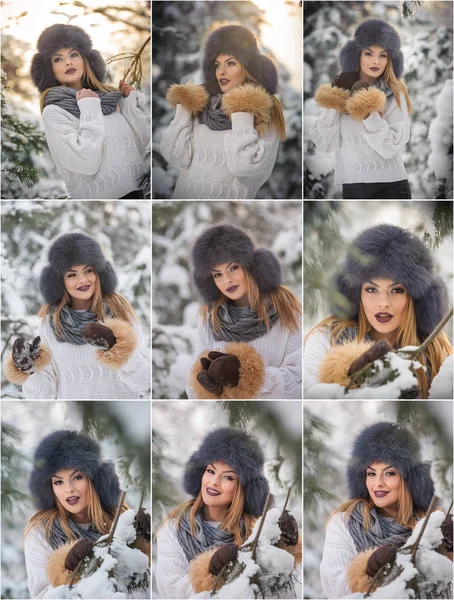 Mulher Atraente Com Chapéu Pele Marrom Casaco Desfrutando Inverno Vista — Fotografia de Stock